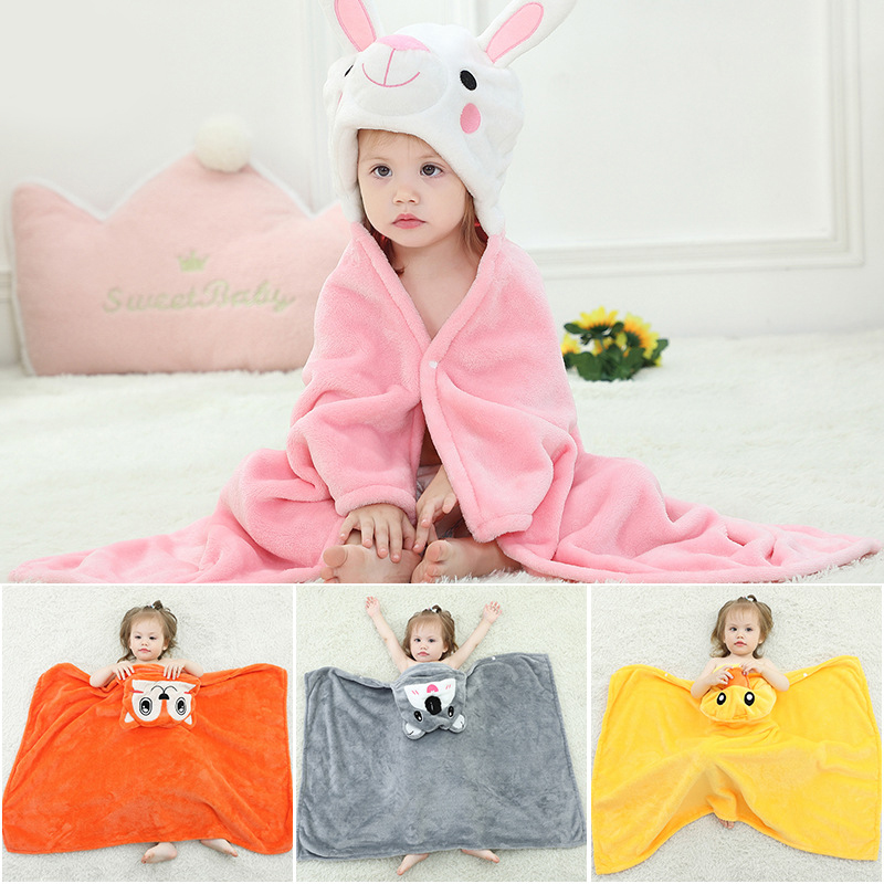 Fashion Design Flannel Kids Cartoon Animal Embroidered Baby Blanket Animal Hooded Towel