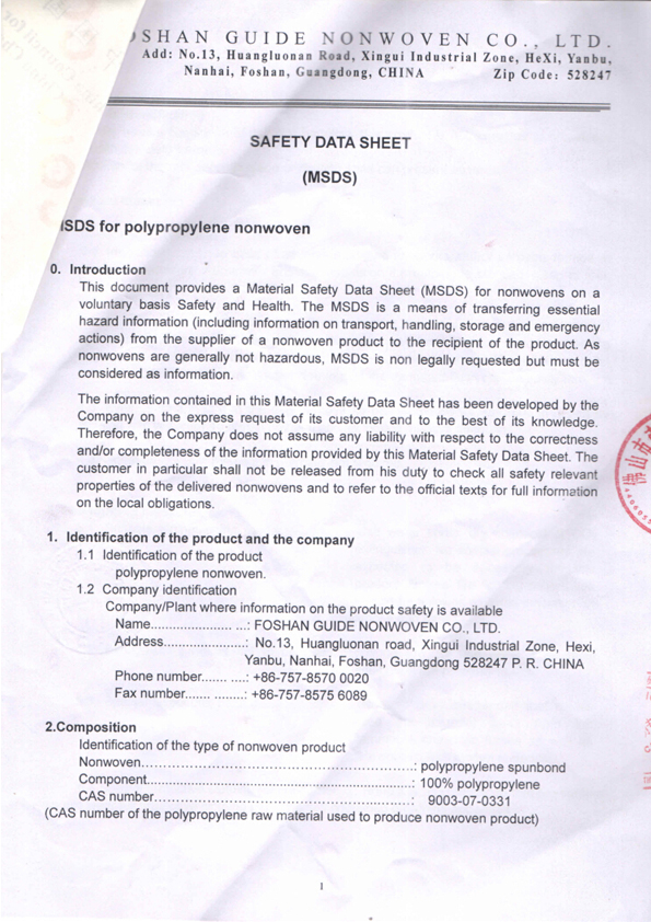MSDS for polypropylene nonwoven - 2