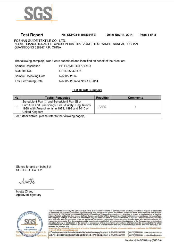 China SGS for pp flame-retarded nonwoven - 1 manufacturer