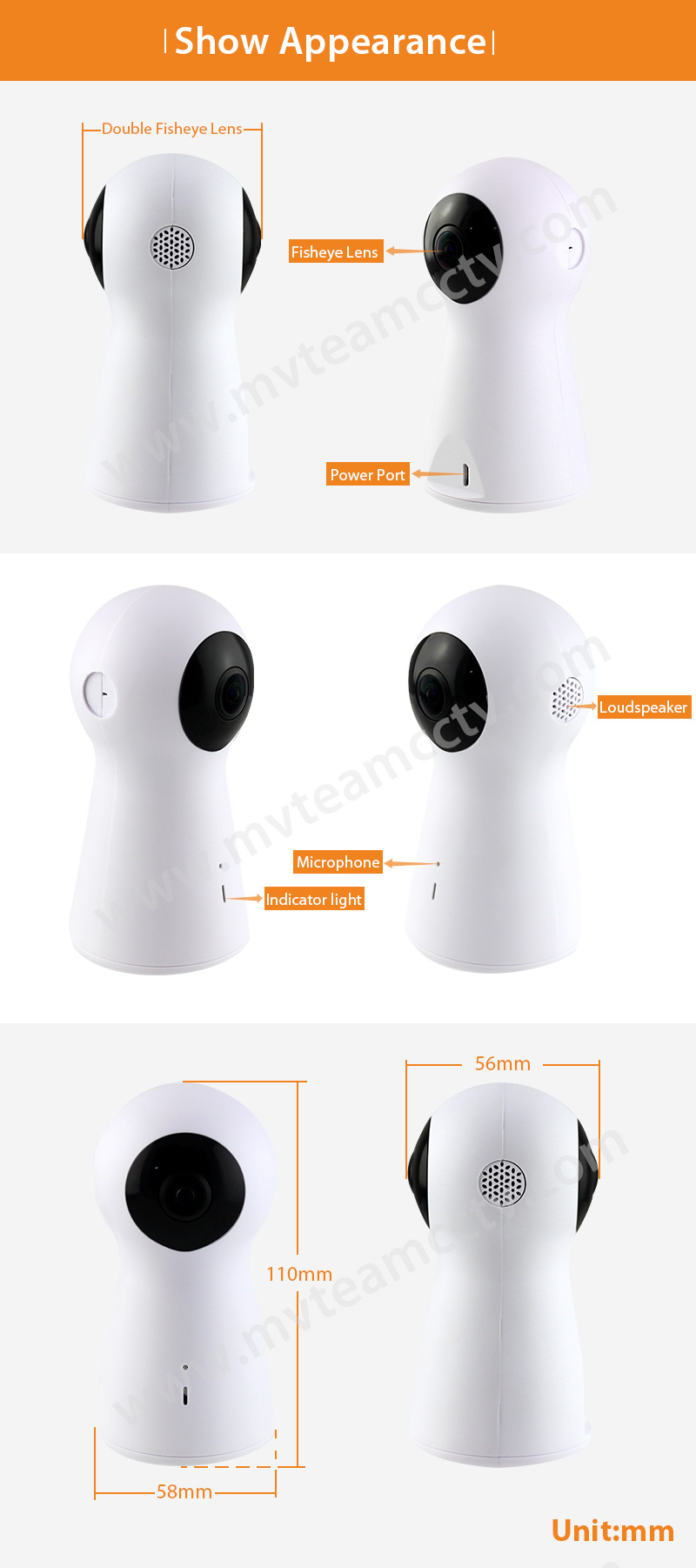 H.264 1080P 2MP WiFi 720 Degrees Panorama VR Camera with 2pcs Fisheye Lens