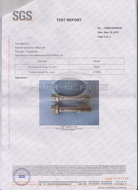 SGS Hurricane rod bolt certification