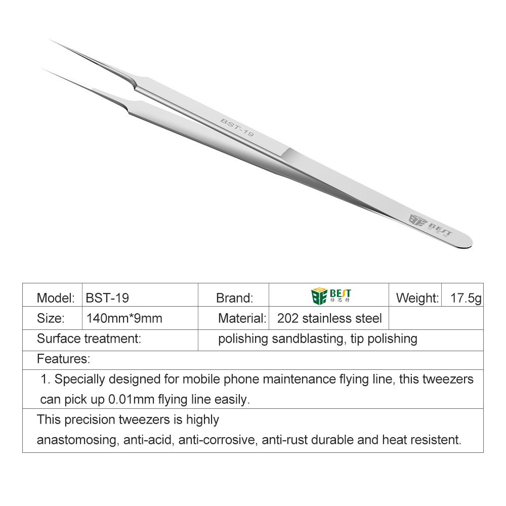 BST-19 La más nueva de alta calidad extra larga de alta calidad de precisión de chip de acero inoxidable Conductor Pinzas de alambre Extensión de pestañas Volume Tweezers