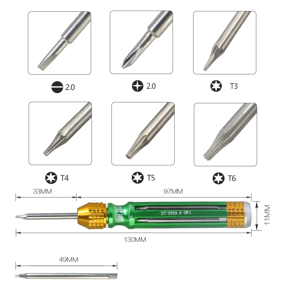 BST-889A 6合1 Cr-V钢可互换Pentalobe 1.2十字槽一字螺丝刀套装