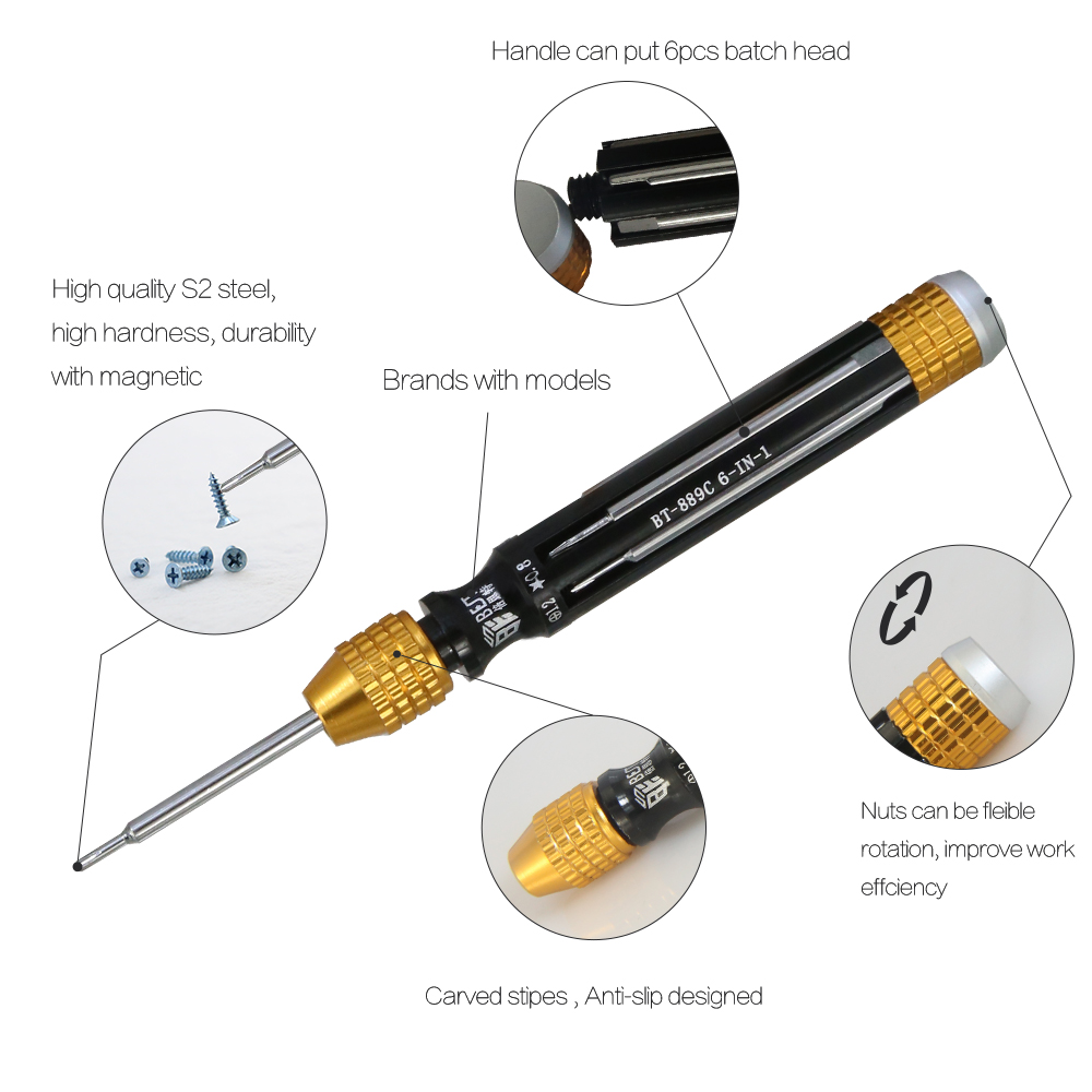 BST-889C 6 in 1 Multi-Function Magnetic Precision Screwdriver Set for Mobile Phone Electronics Repair Opening Tool