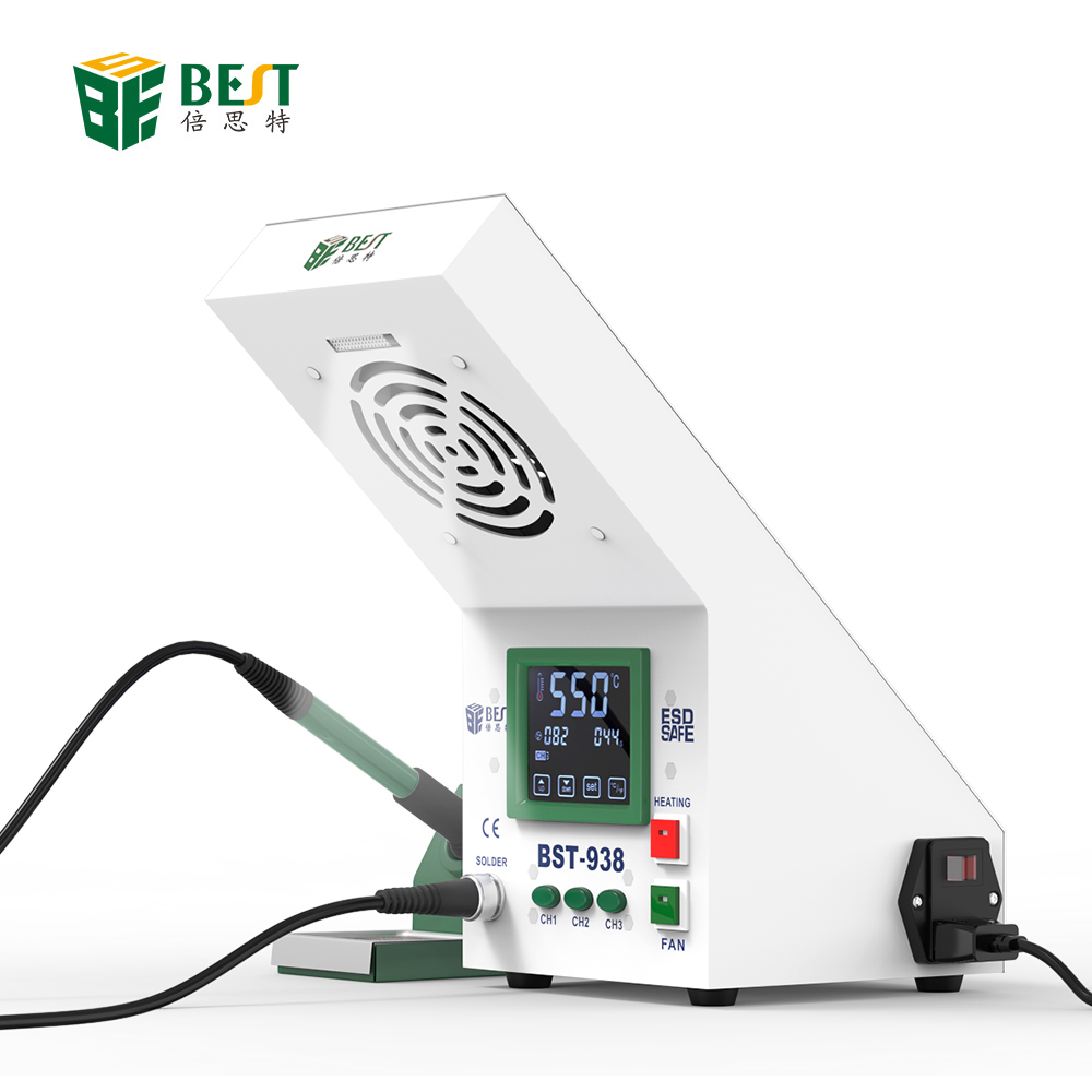 BST-938 Mais Recente Projeto Multi-funcional 3 em 1 CONDUZIU a luz de Solda Fumaça Absorvente Estação De Ferro De Solda