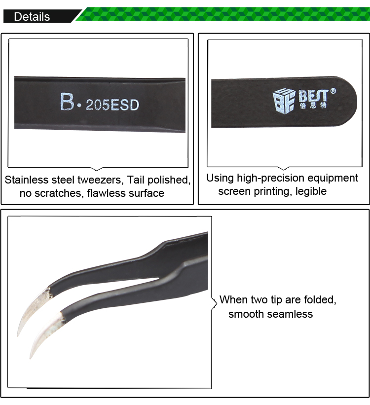 속눈썹 연장 스테인레스 스틸 BST-205ESD에 대한 곡선 핀셋