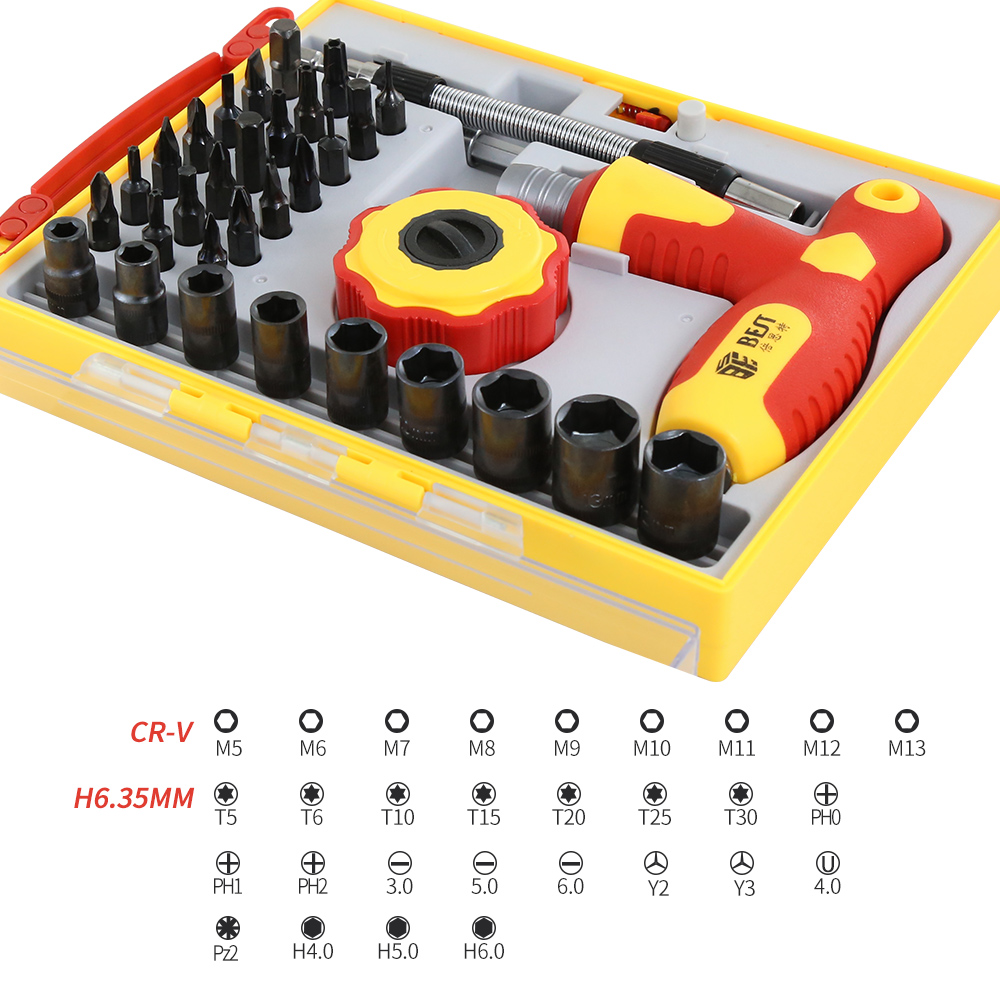 Set cacciaviti Ratchet Professional a doppio disco 34 pezzi in 1 cacciavite CRV per telefono cellulare BST 2887A