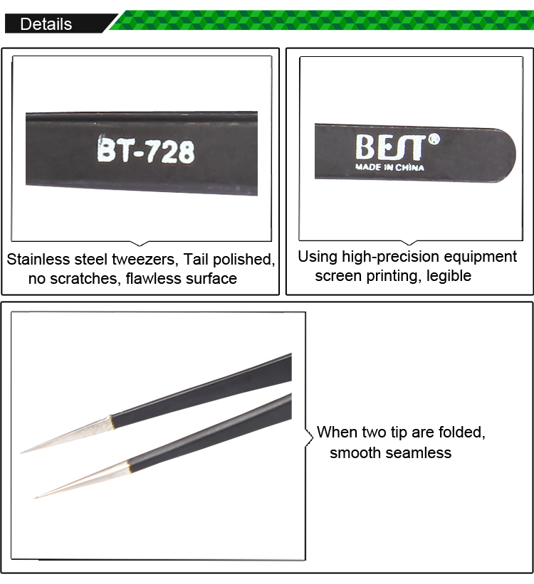 Pinzas de extensión de pestañas Facotry suministro Stinless acero Material de punta recta BEST-728